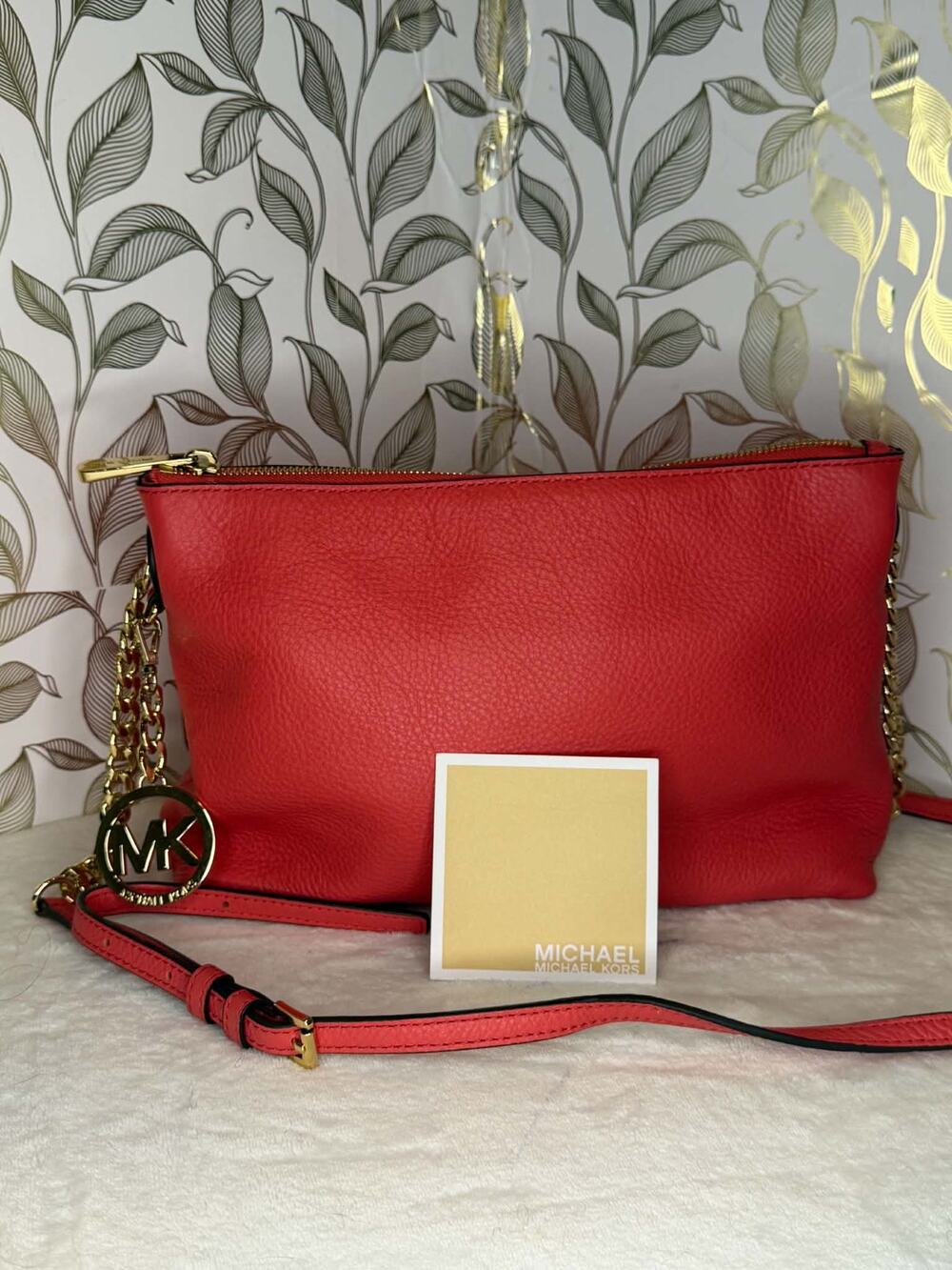 Michael Kors Red Pebbled Leather Crossbody Gold Chain